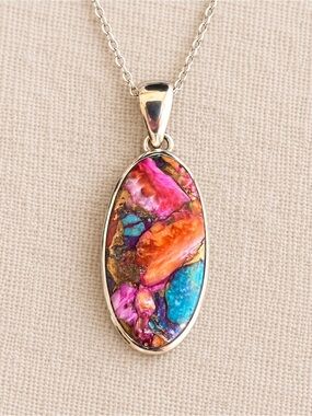 Pink Dahlia Turquoise Bezel Set Oval Pendant 925 Silver NWOT 2" #699